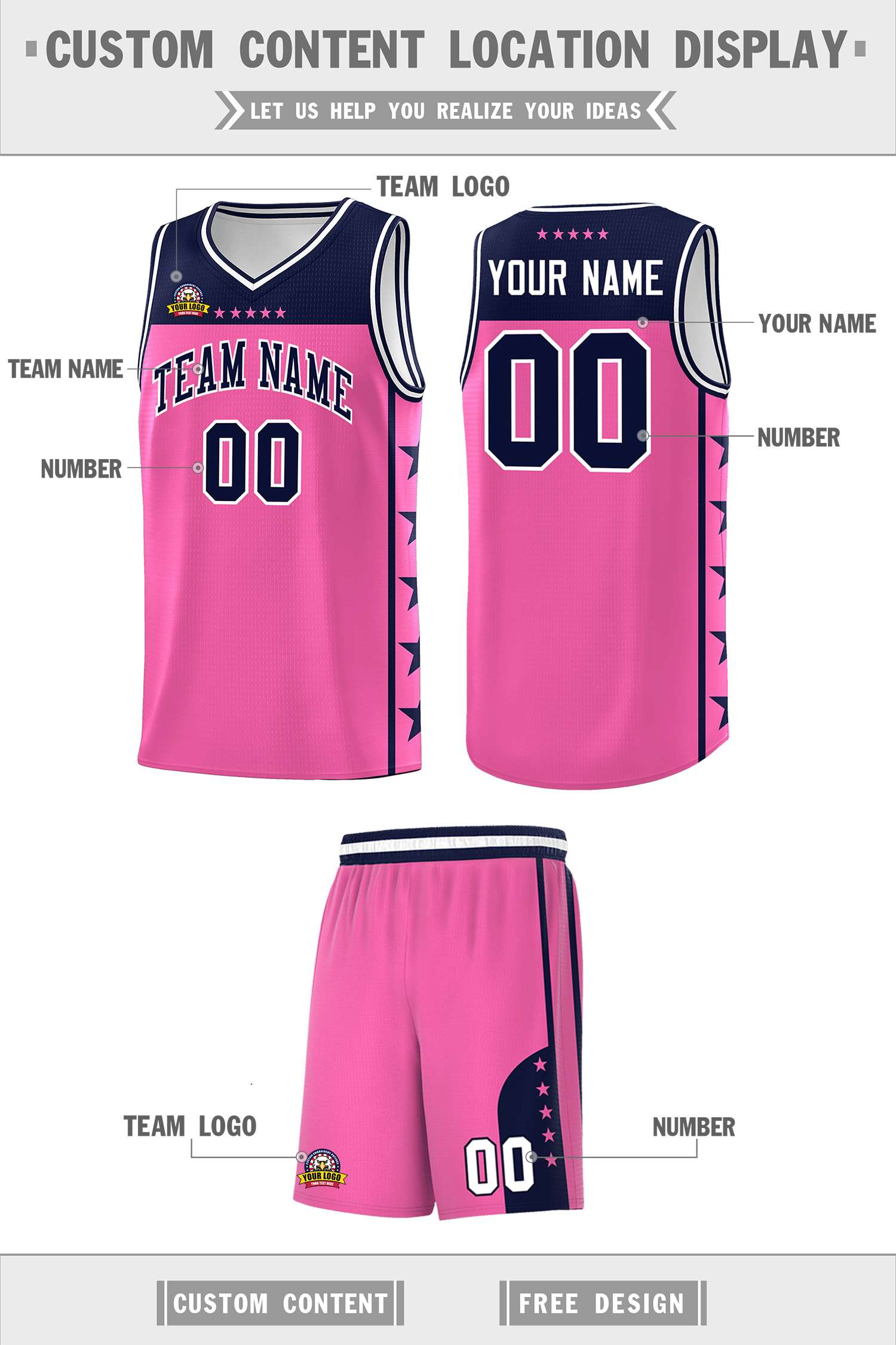 Custom Pink Navy Color Block Sets Sports Uniform Basketball Jersey