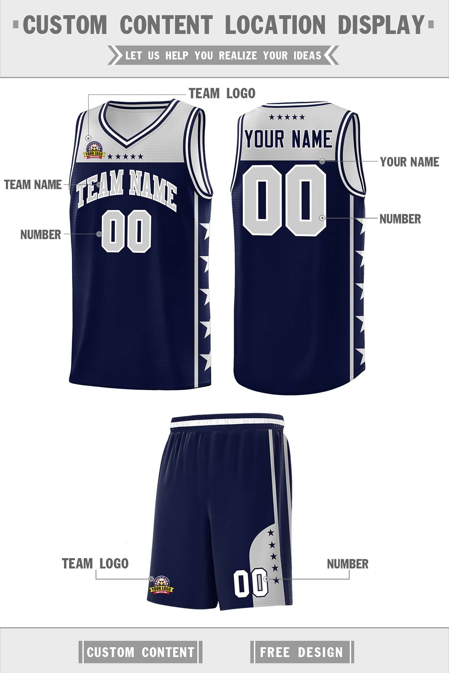 Custom Navy Gray Color Block Sets Sports Uniform Basketball Jersey