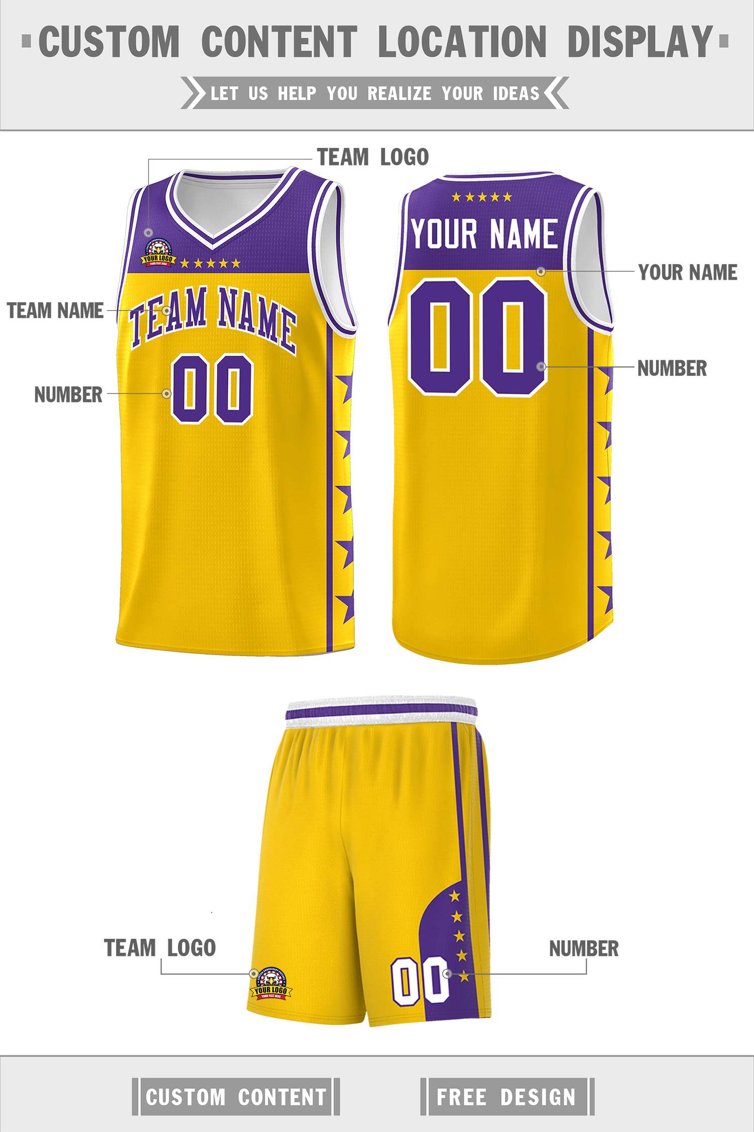 Custom Gold Purple Color Block Sets Sports Uniform Basketball Jersey