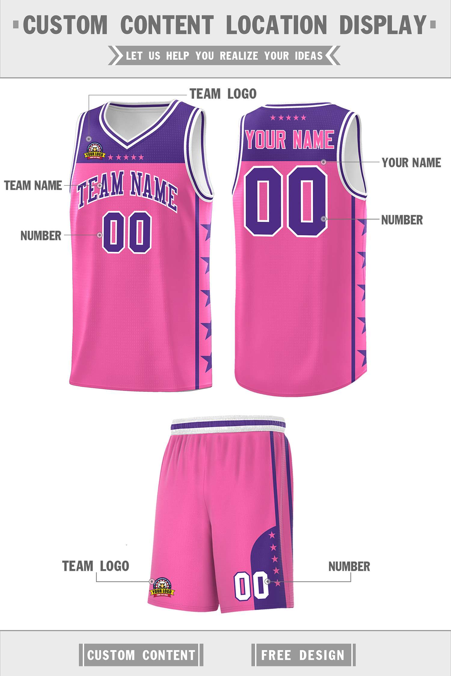 Custom Pink Purple Color Block Sets Sports Uniform Basketball Jersey