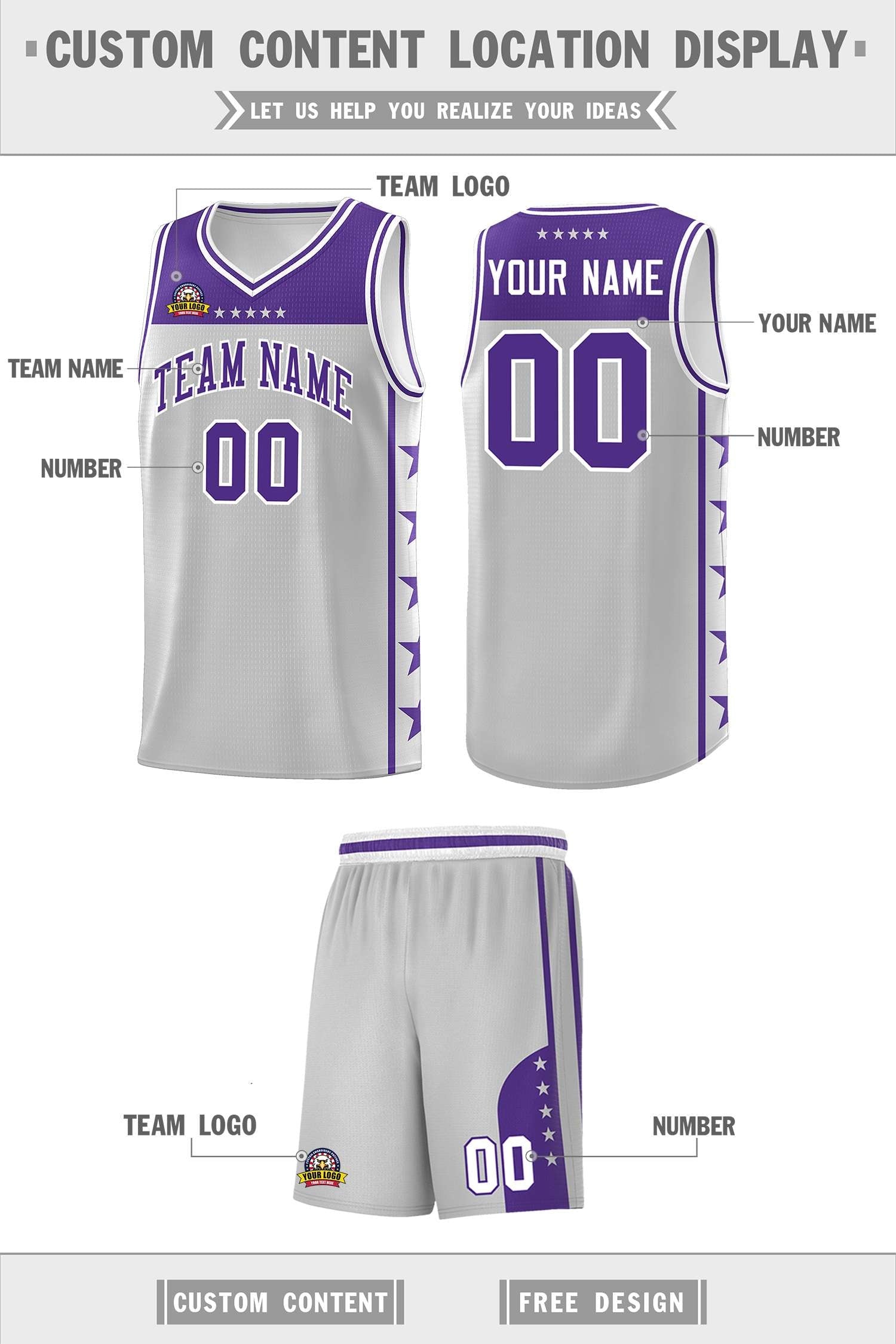 Custom Gray Purple Color Block Sets Sports Uniform Basketball Jersey