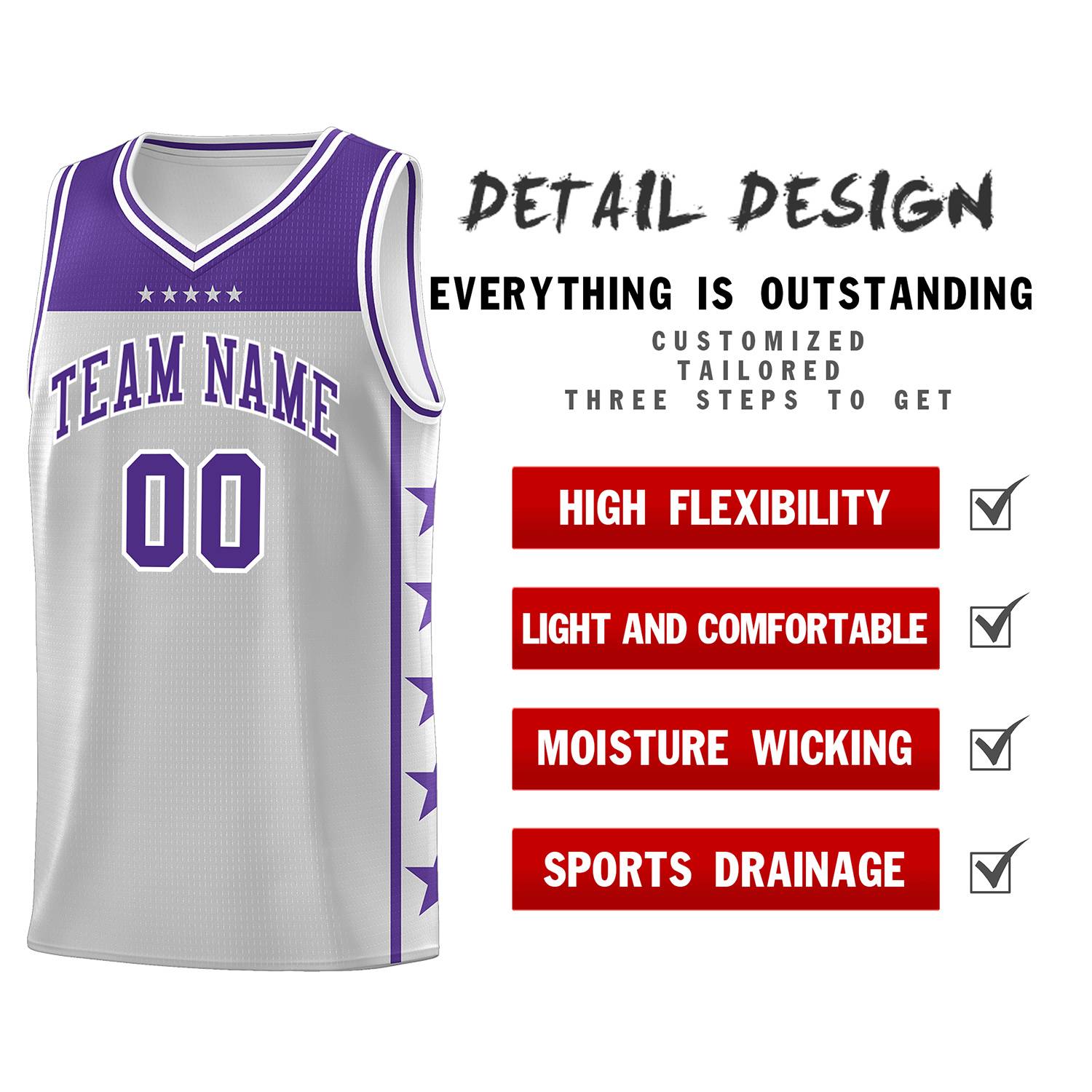 Custom Gray Purple Color Block Sets Sports Uniform Basketball Jersey