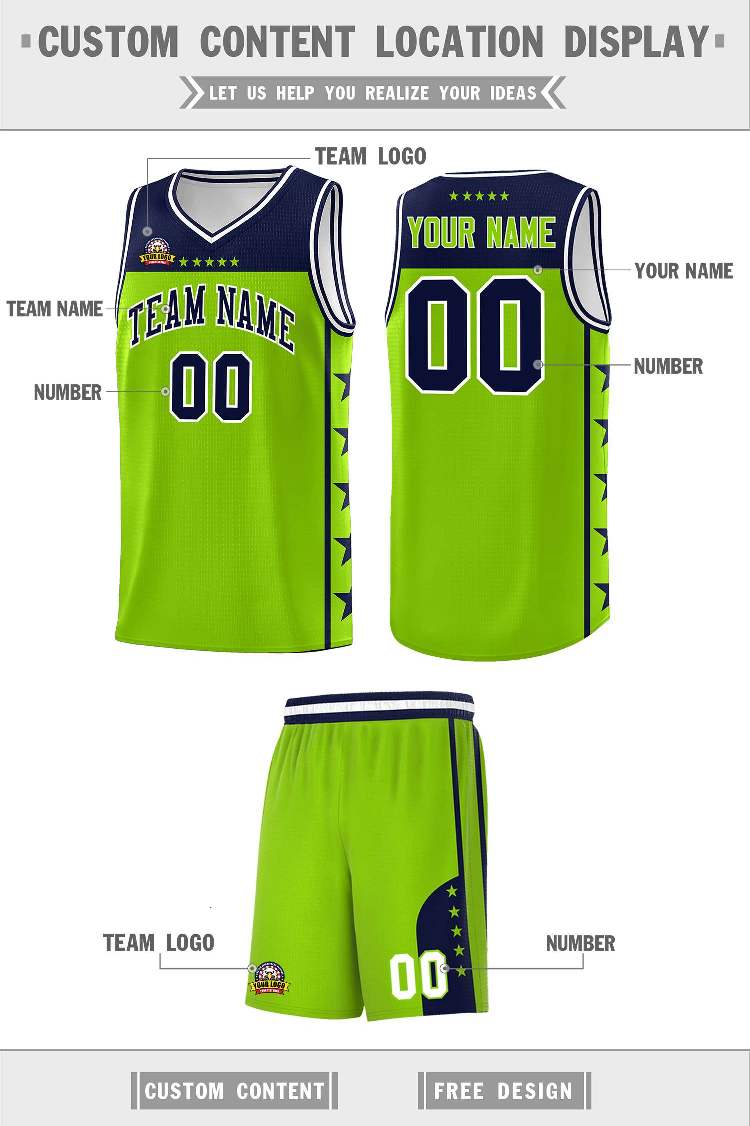 Custom Neon Green Navy Color Block Sets Sports Uniform Basketball Jersey