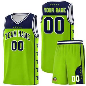 Custom Neon Green Navy Color Block Sets Sports Uniform Basketball Jersey