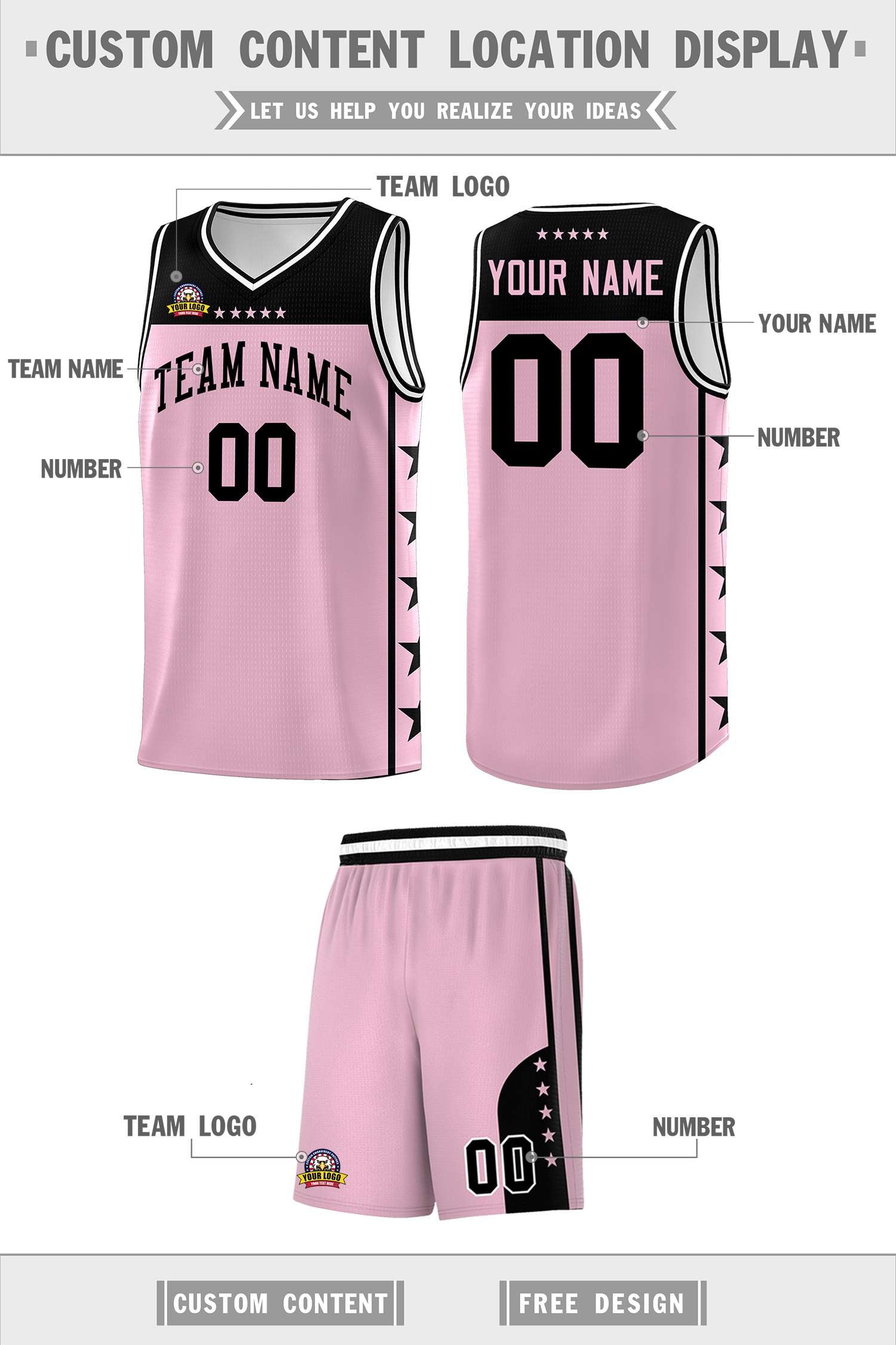 Custom Light Pink Black Color Block Sets Sports Uniform Basketball Jersey