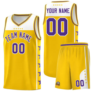 Custom Gold Purple Color Block Sets Sports Uniform Basketball Jersey