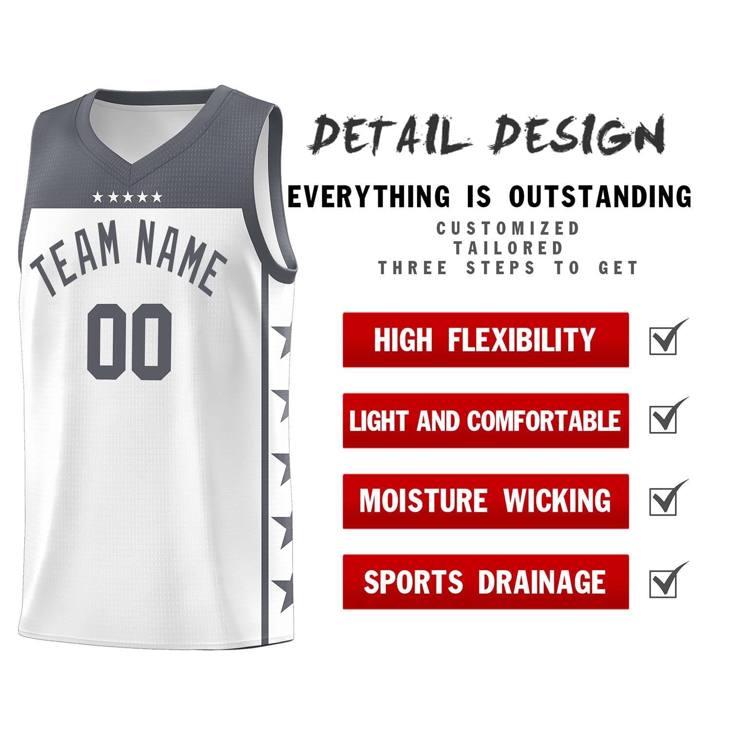 Custom White Dark Gray Color Block Sets Sports Uniform Basketball Jersey