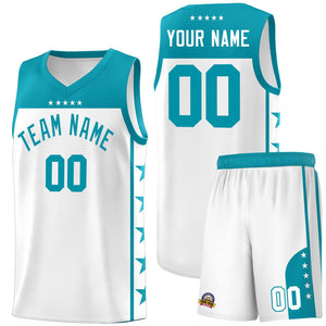 Custom White Aqua Color Block Sets Sports Uniform Basketball Jersey