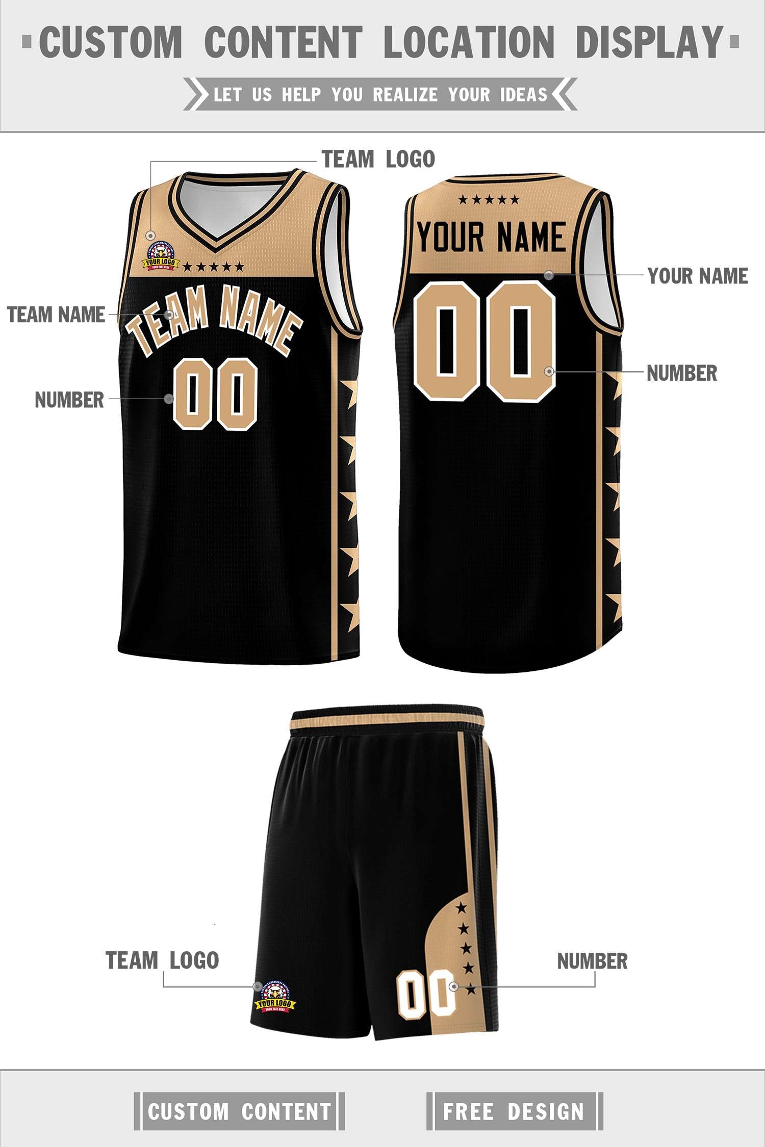 Custom Black Old Gold Color Block Sets Sports Uniform Basketball Jersey