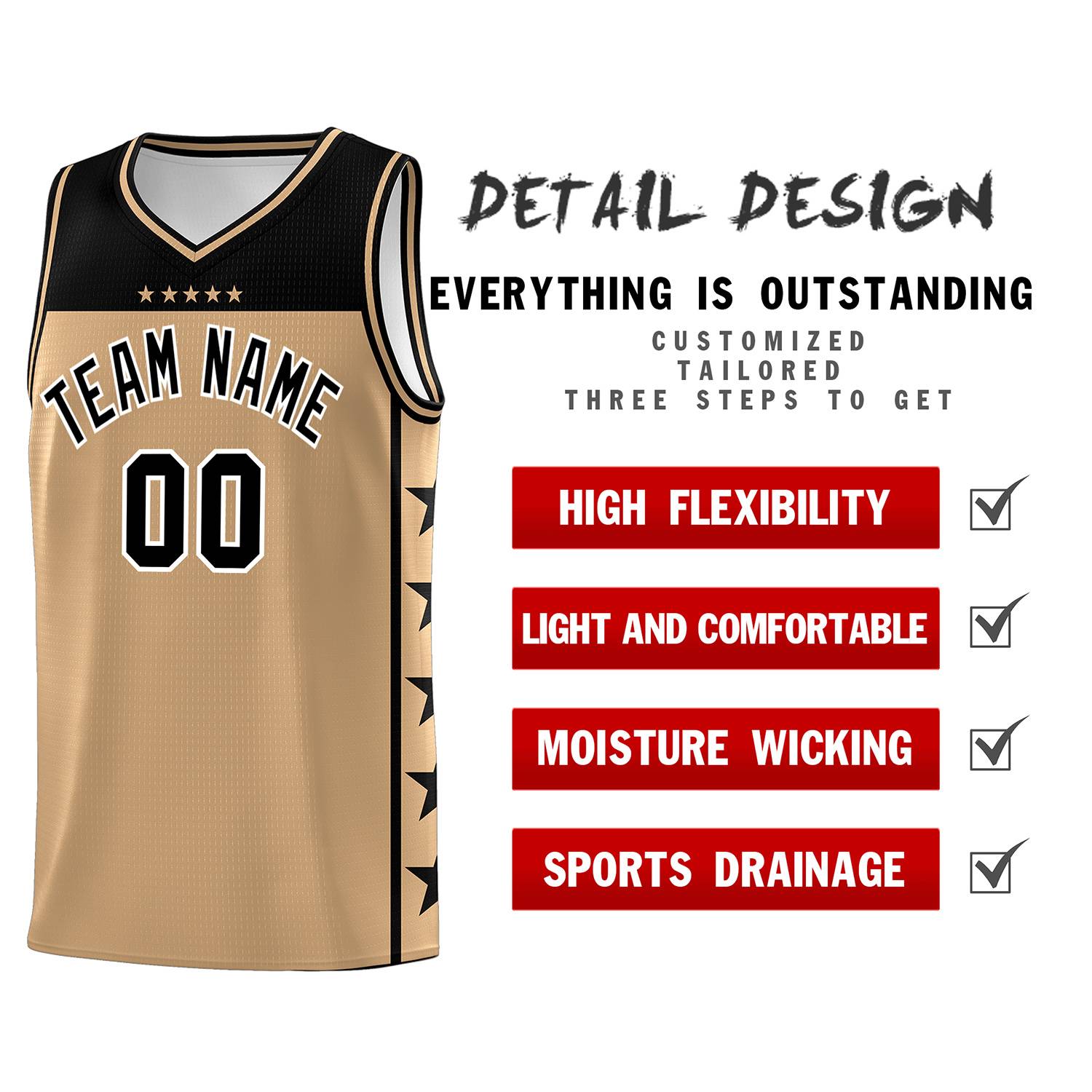 Custom Old Gold Black Color Block Sets Sports Uniform Basketball Jersey