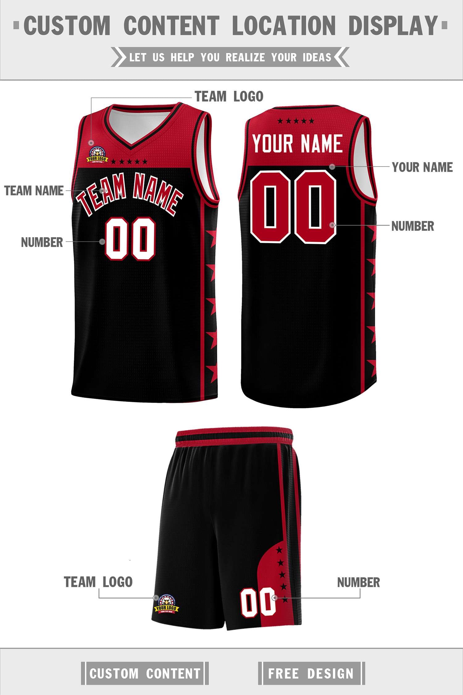 Custom Black Red Color Block Sets Sports Uniform Basketball Jersey