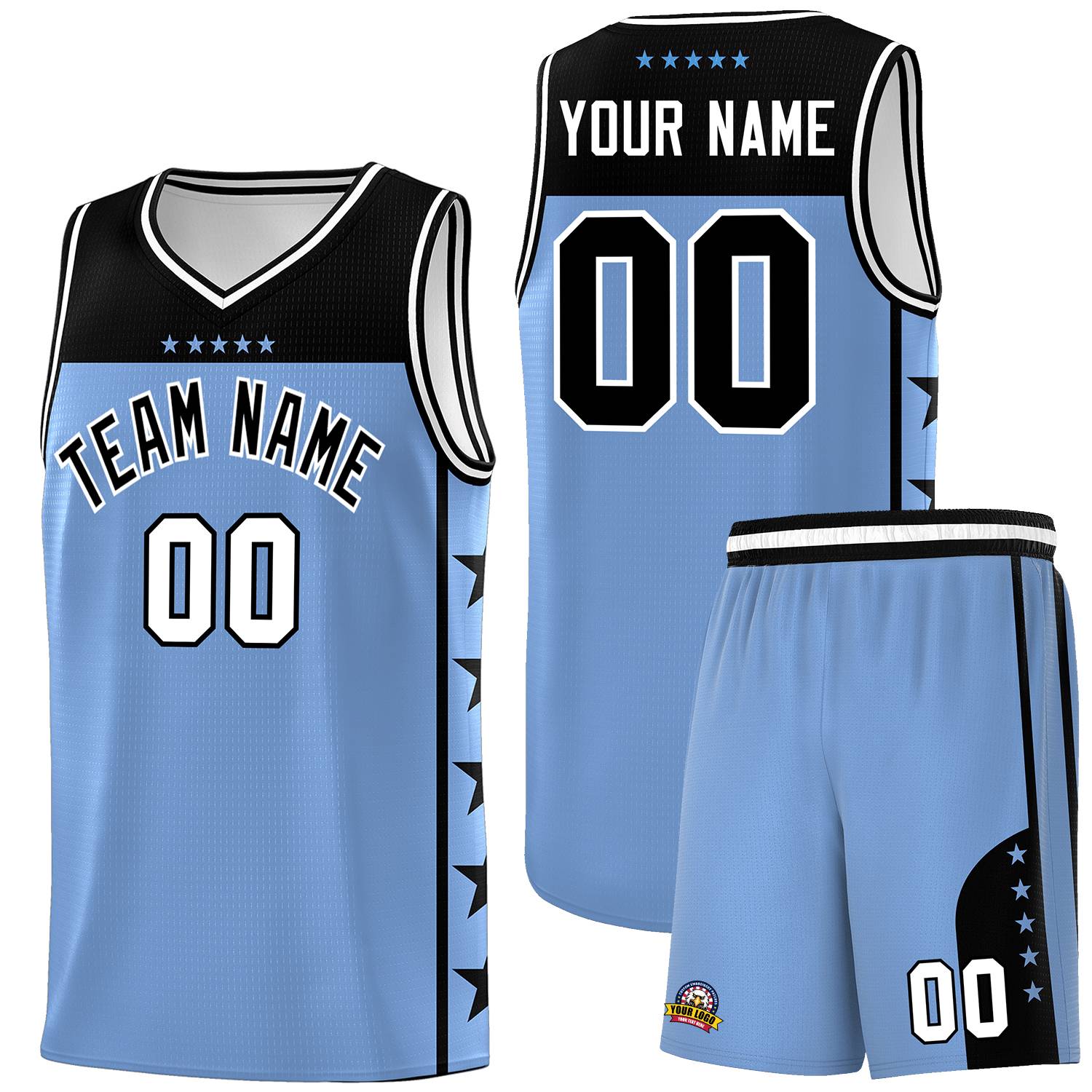 Custom Light Blue Black Color Block Sets Sports Uniform Basketball Jersey