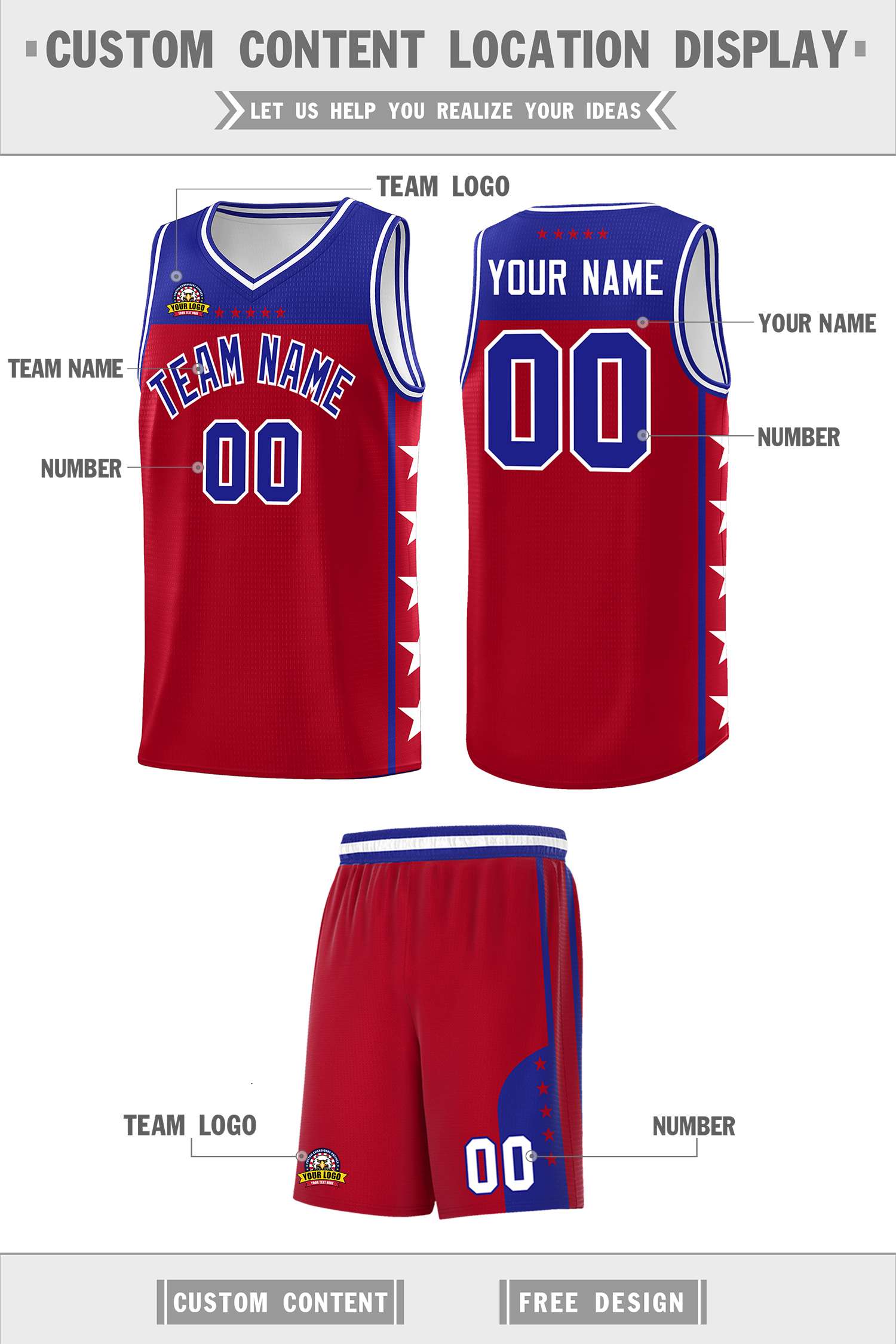 Custom Red Royal Color Block Sets Sports Uniform Basketball Jersey