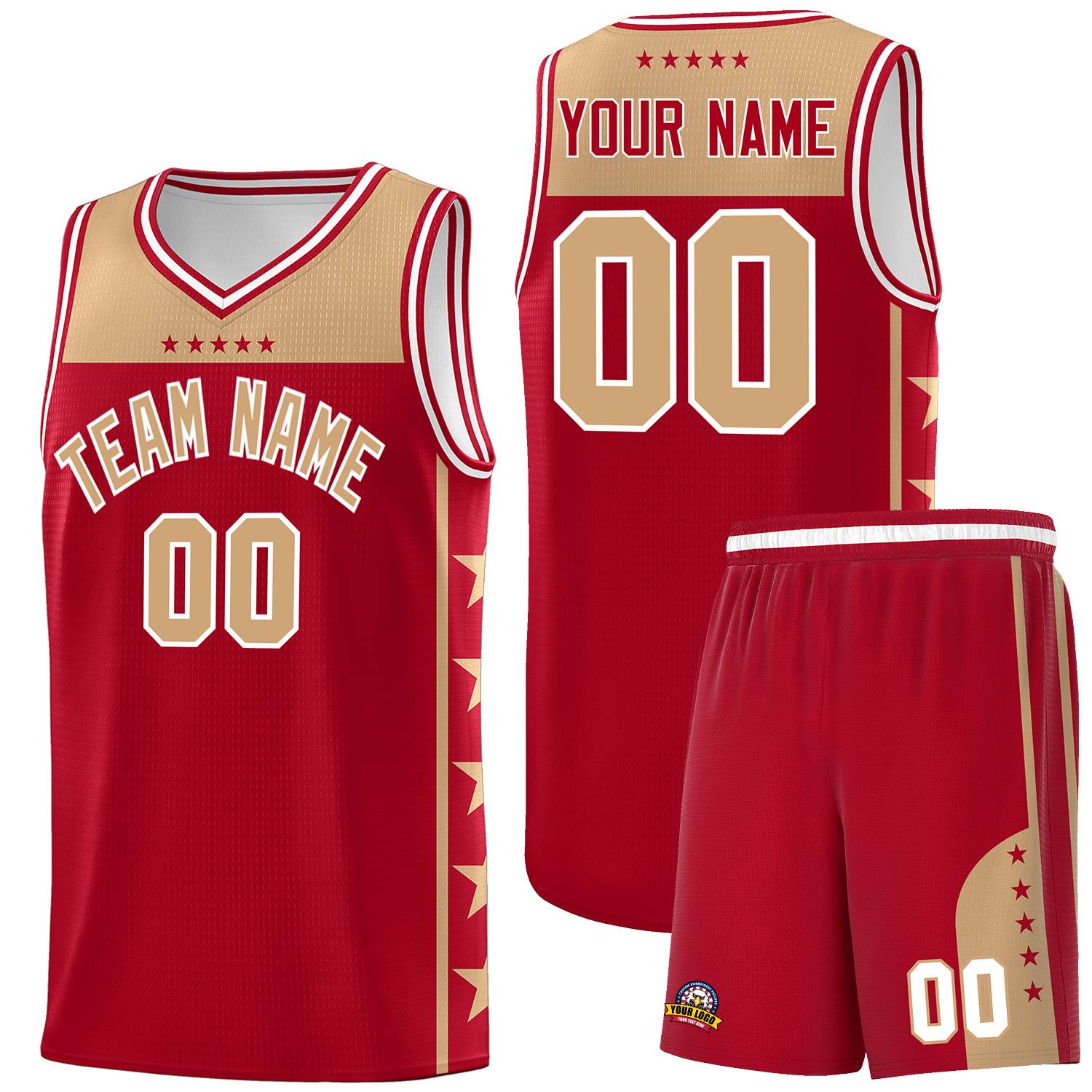 Custom Red Old Gold Color Block Sets Sports Uniform Basketball Jersey