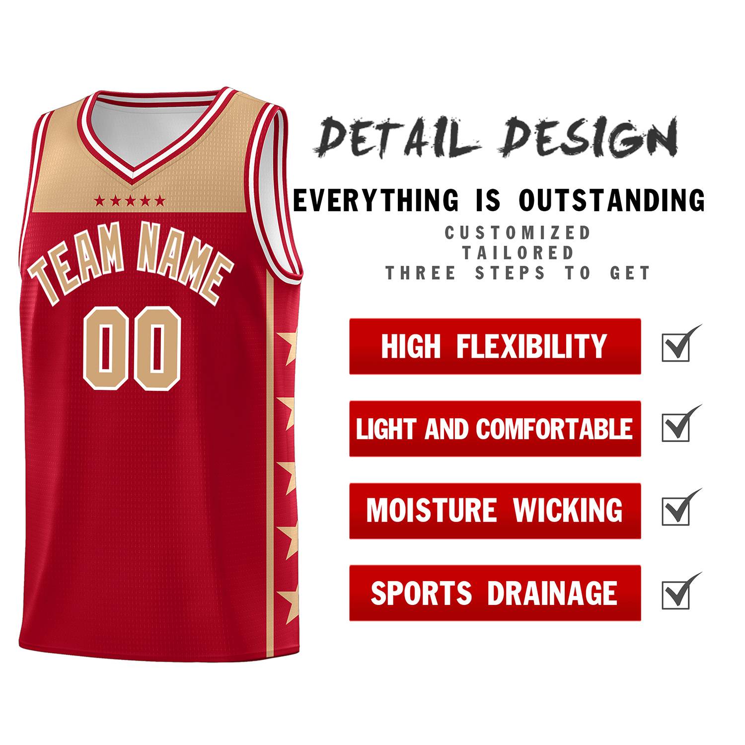 Custom Red Old Gold Color Block Sets Sports Uniform Basketball Jersey