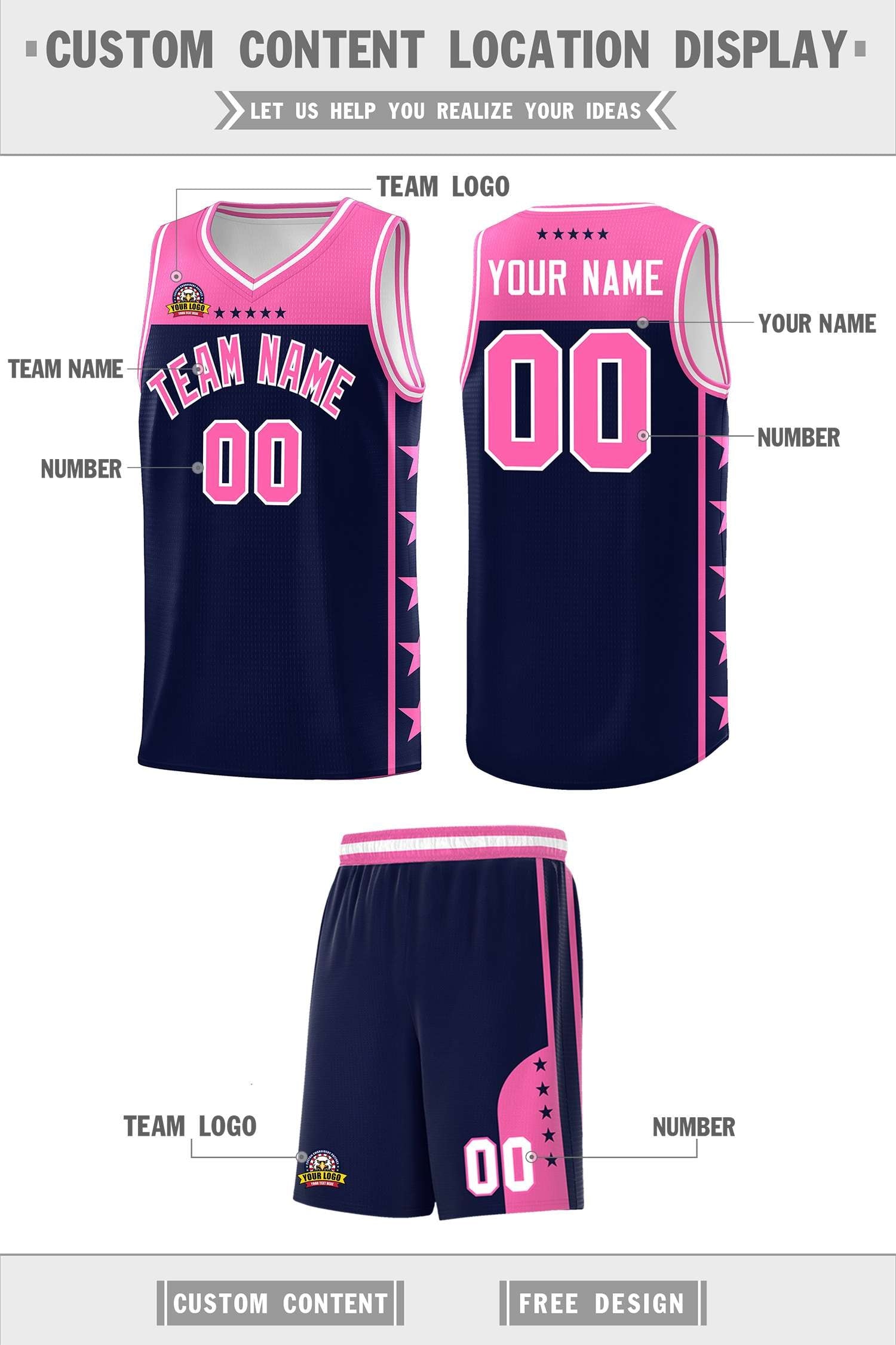 Custom Navy Pink Color Block Sets Sports Uniform Basketball Jersey