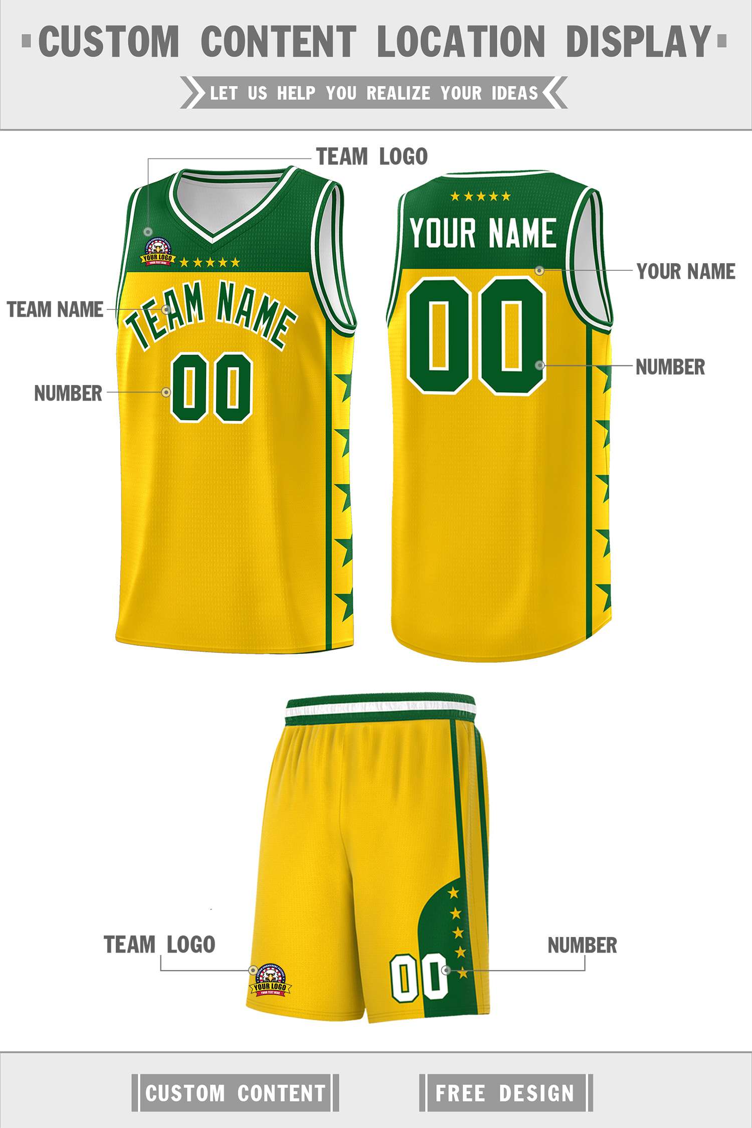 Custom Gold Kelly Green Color Block Sets Sports Uniform Basketball Jersey