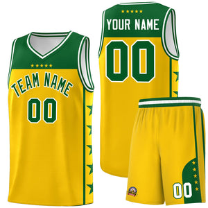 Custom Gold Kelly Green Color Block Sets Sports Uniform Basketball Jersey