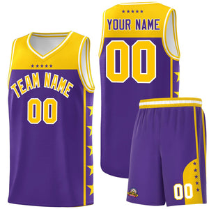 Custom Purple Yellow Color Block Sets Sports Uniform Basketball Jersey