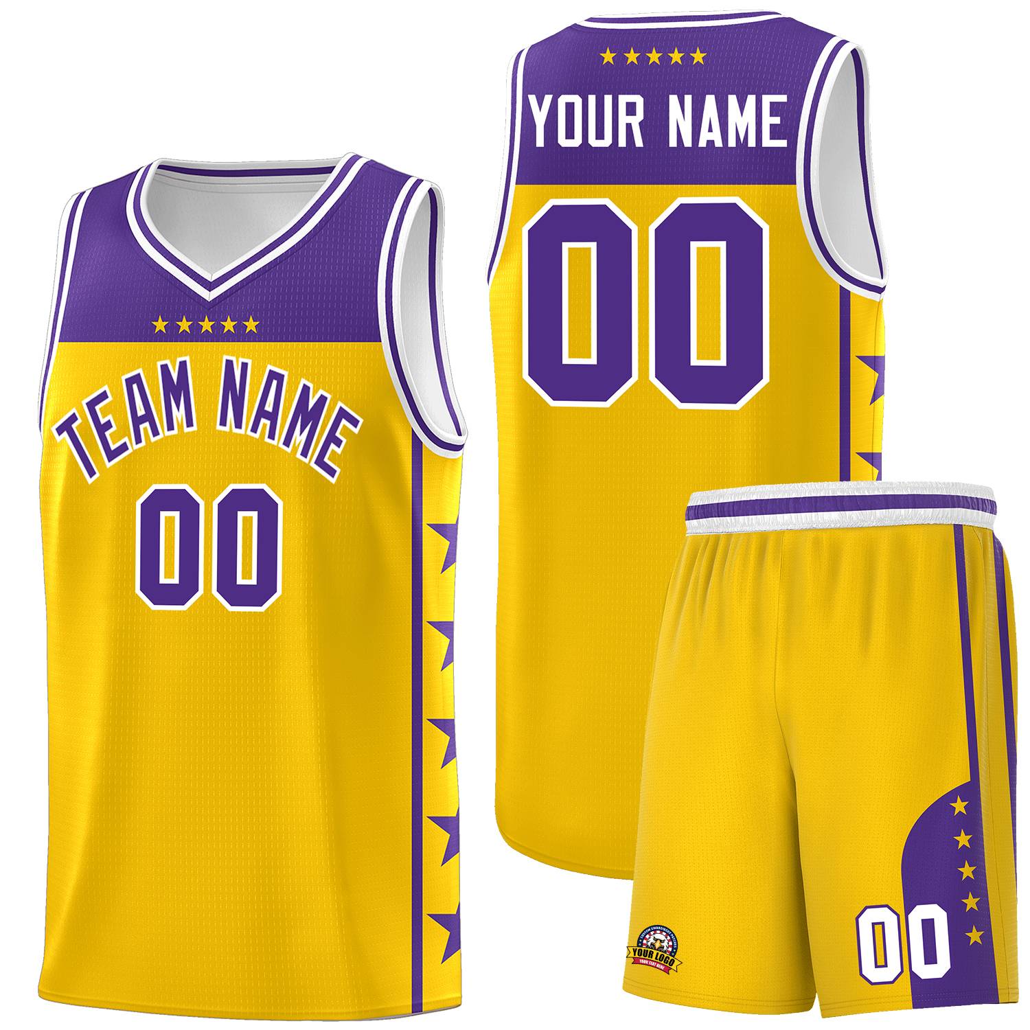 Custom Gold Purple Color Block Sets Sports Uniform Basketball Jersey