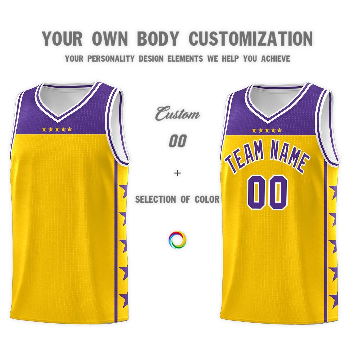 Custom Gold Purple Color Block Sets Sports Uniform Basketball Jersey