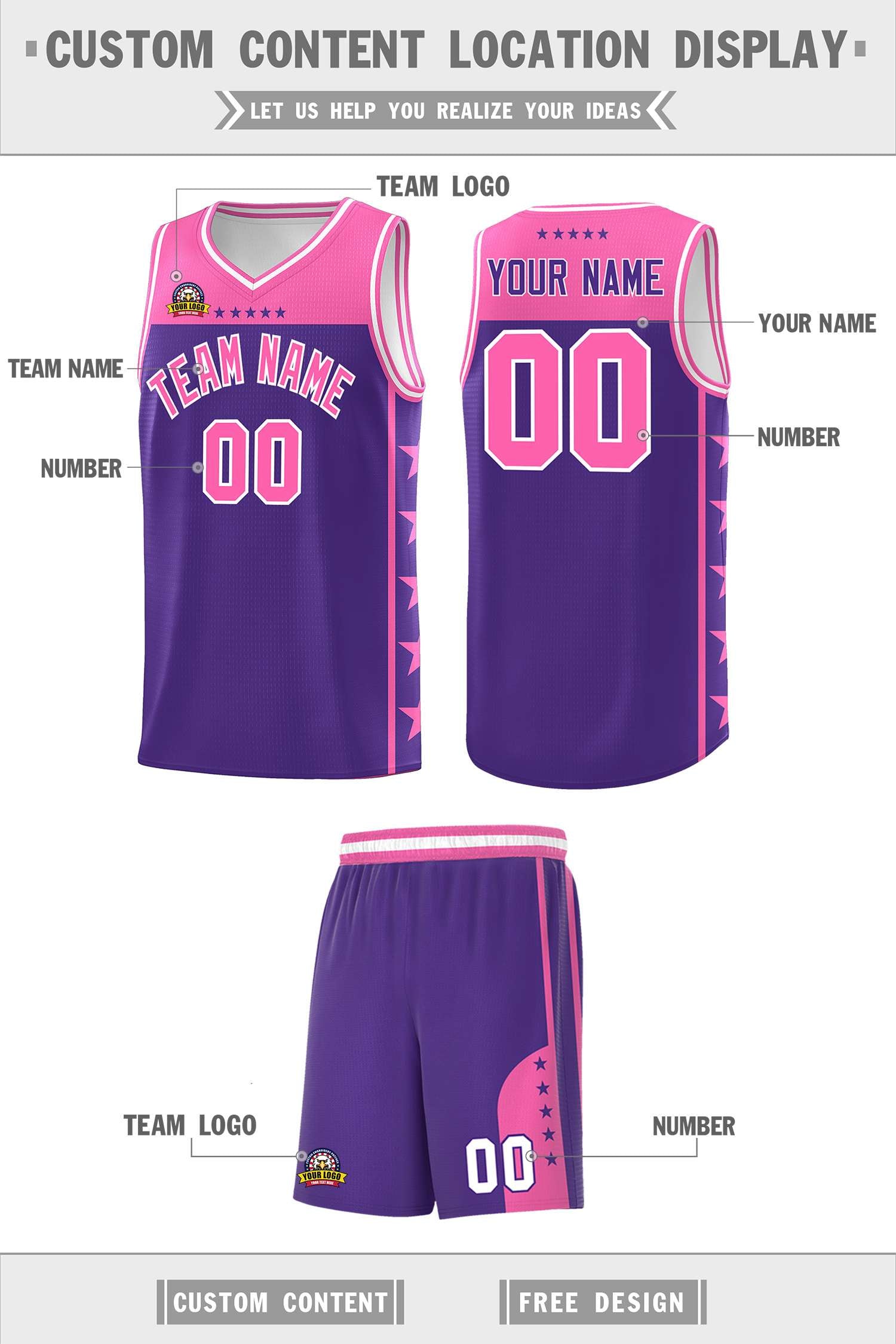 Custom Purple Pink Color Block Sets Sports Uniform Basketball Jersey