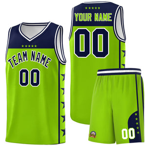 Custom Neon Green Navy Color Block Sets Sports Uniform Basketball Jersey