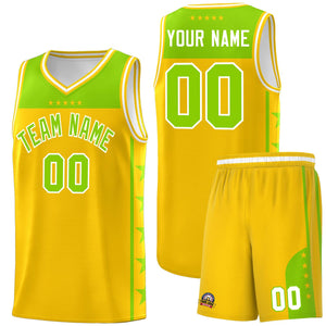 Custom Gold Neon Green Color Block Sets Sports Uniform Basketball Jersey