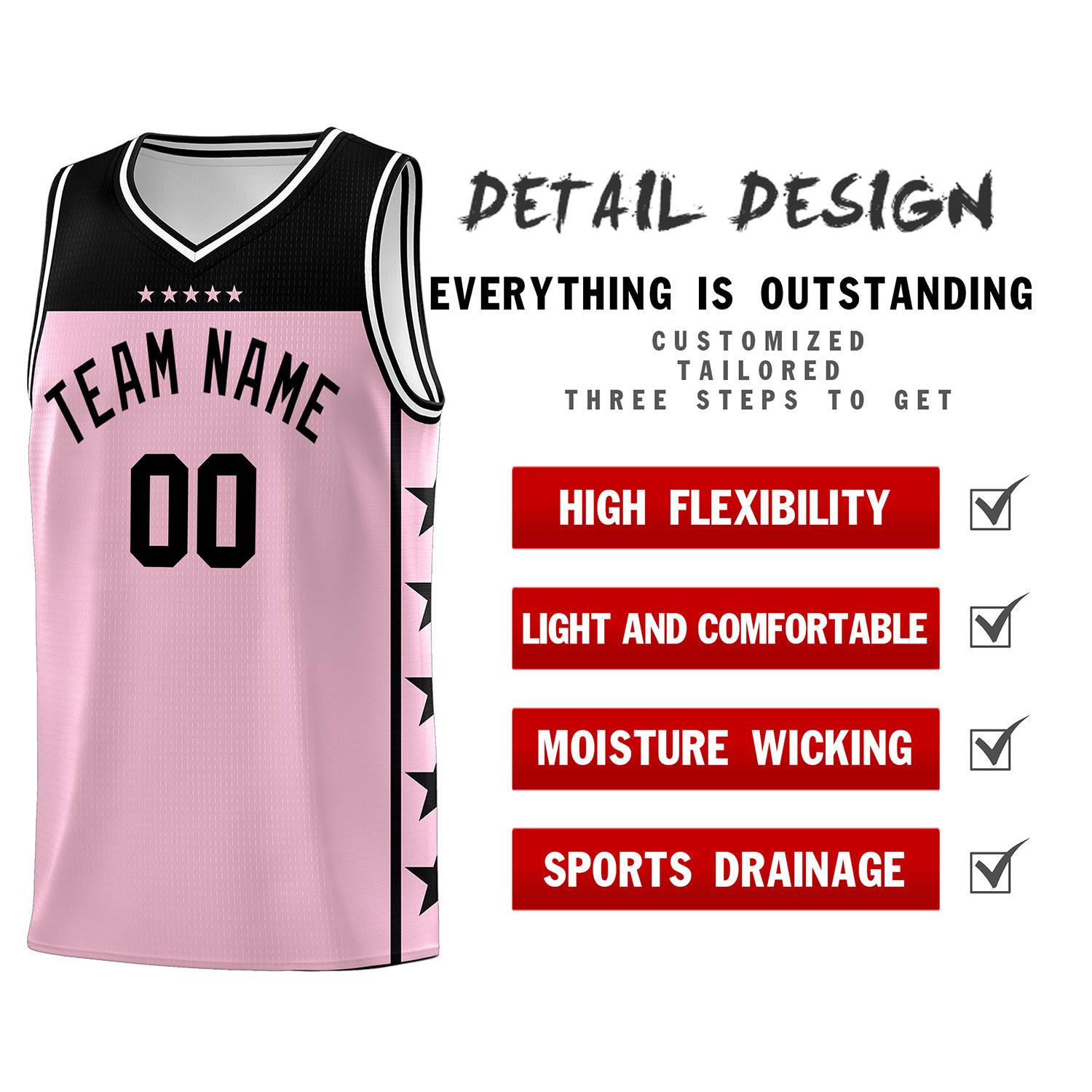 Custom Light Pink Black Color Block Sets Sports Uniform Basketball Jersey