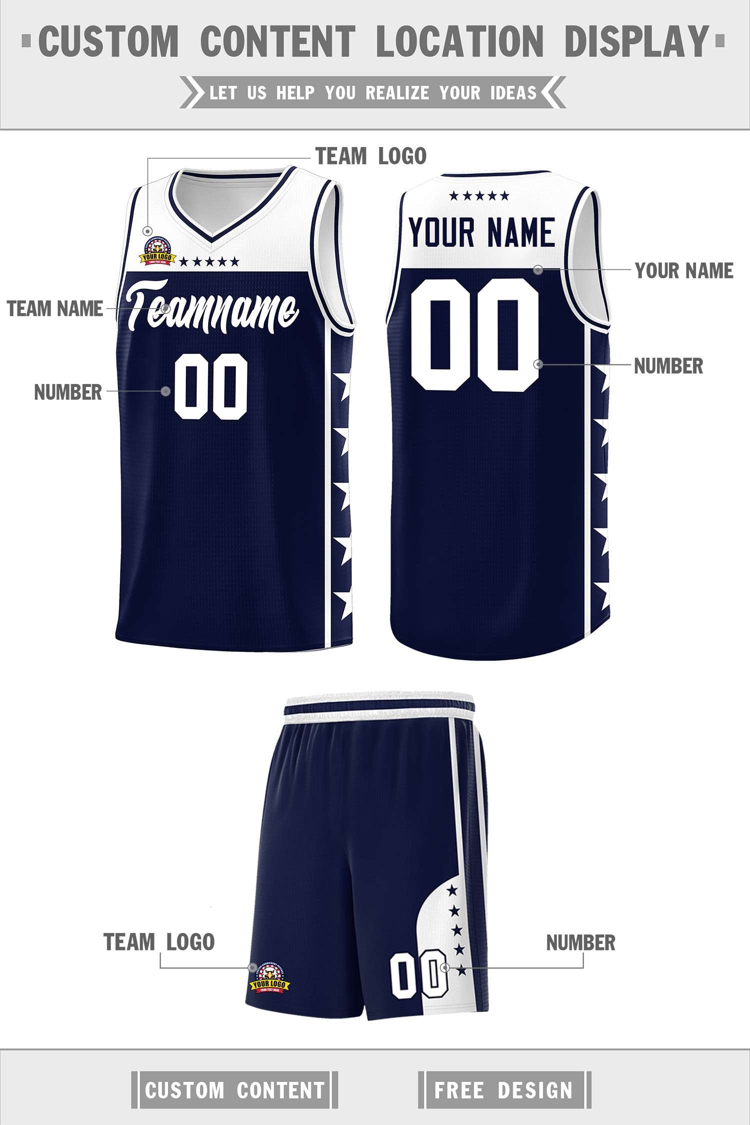 Custom Navy White Color Block Sets Sports Uniform Basketball Jersey