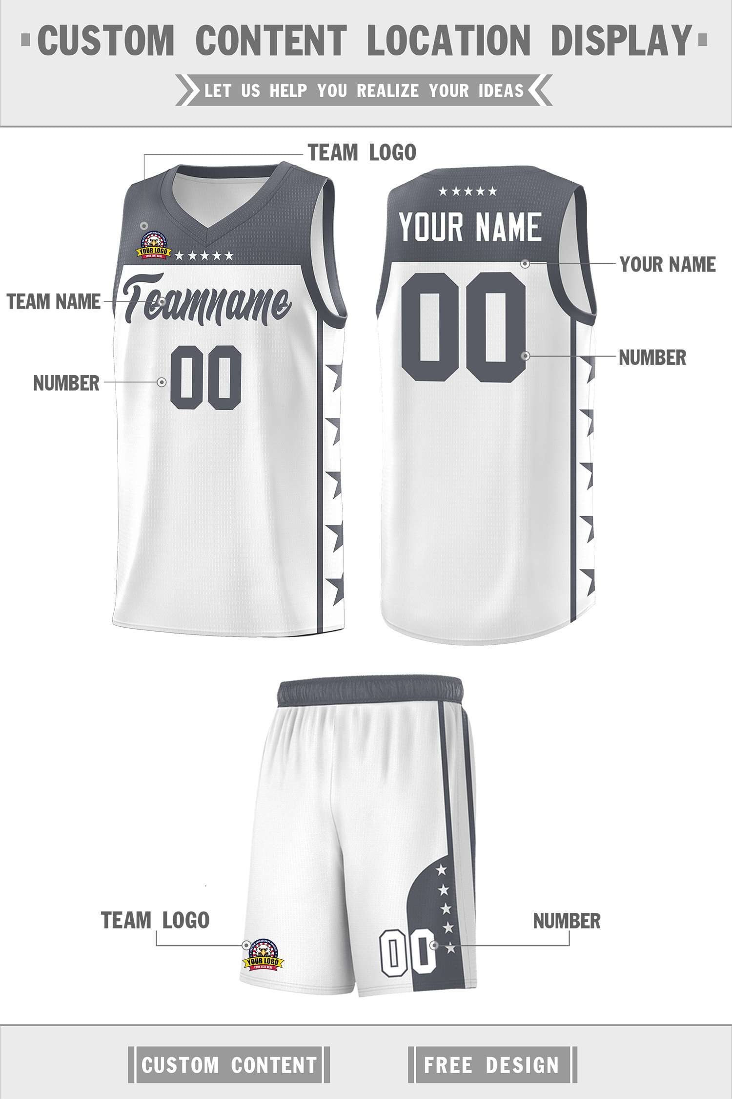 Custom White Dark Gray Color Block Sets Sports Uniform Basketball Jersey