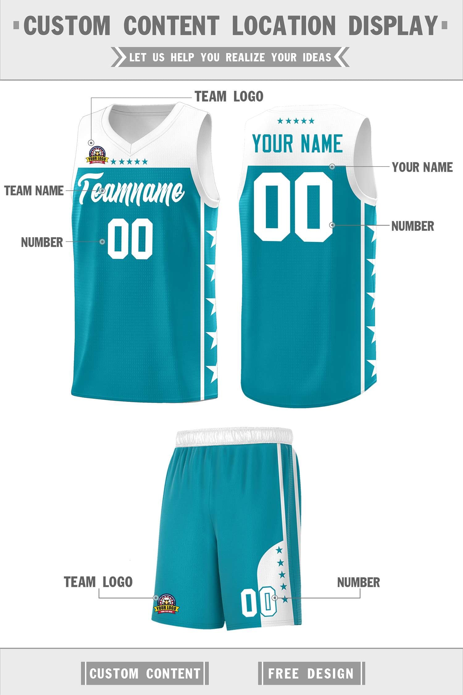 Custom Aqua White Color Block Sets Sports Uniform Basketball Jersey