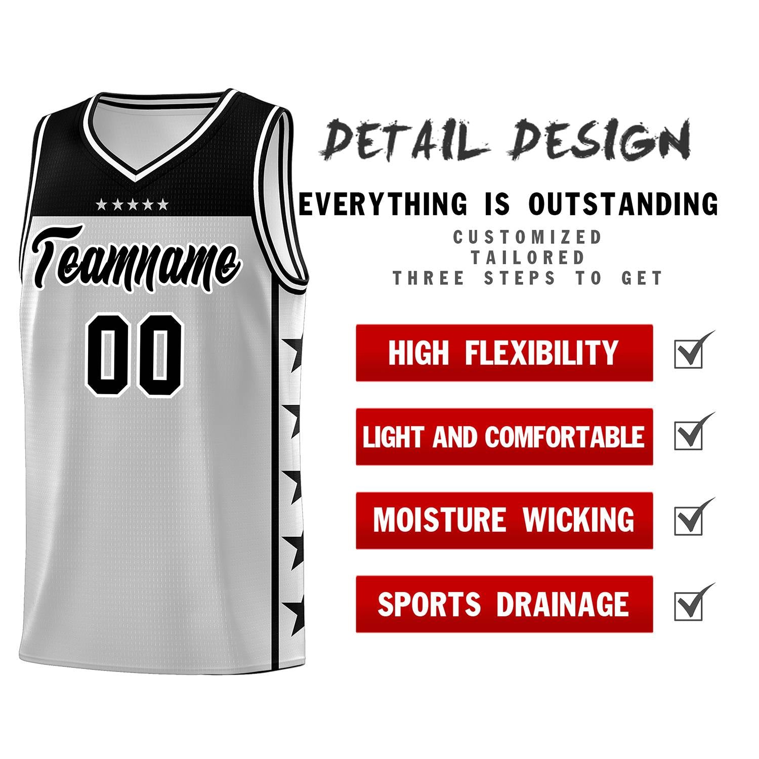 Custom Gray Black Color Block Sets Sports Uniform Basketball Jersey