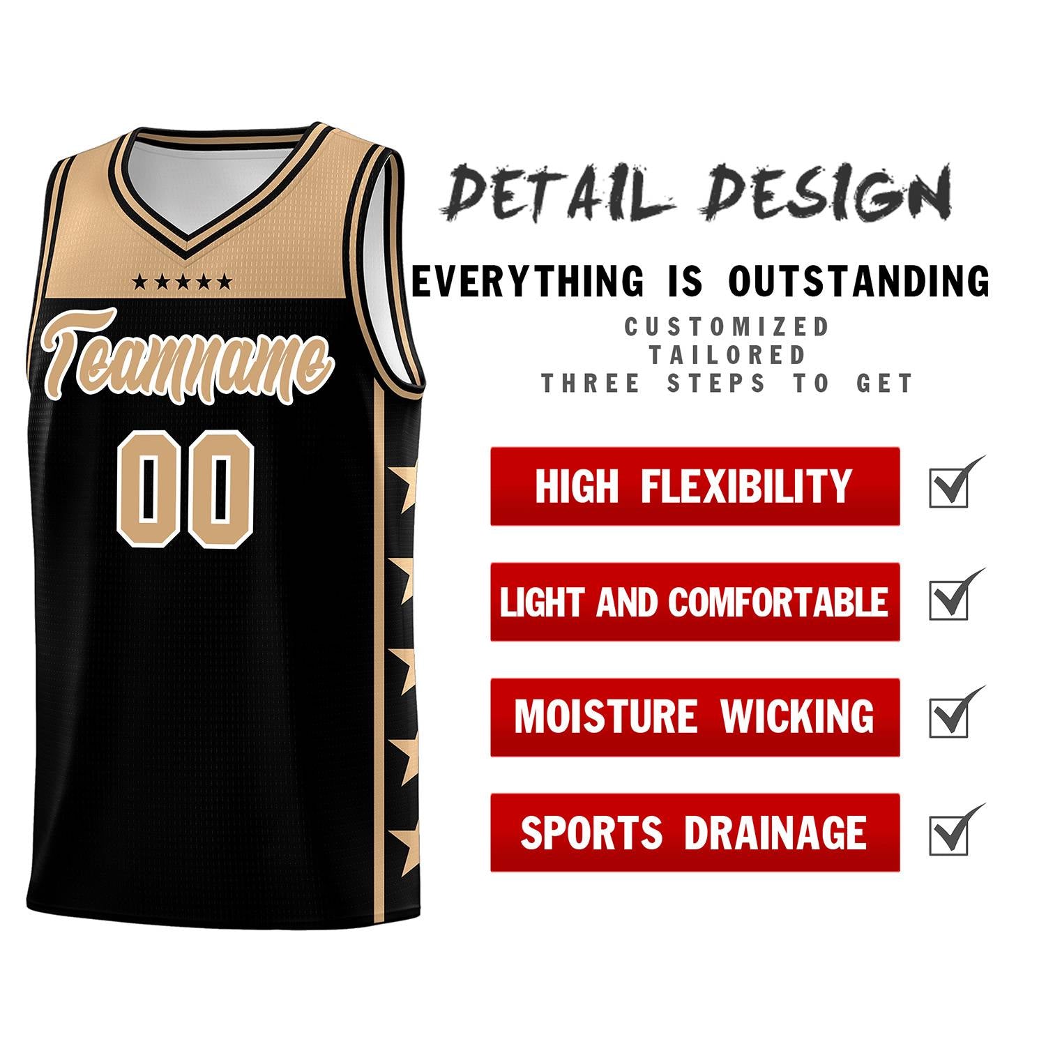 Custom Black Old Gold Color Block Sets Sports Uniform Basketball Jersey