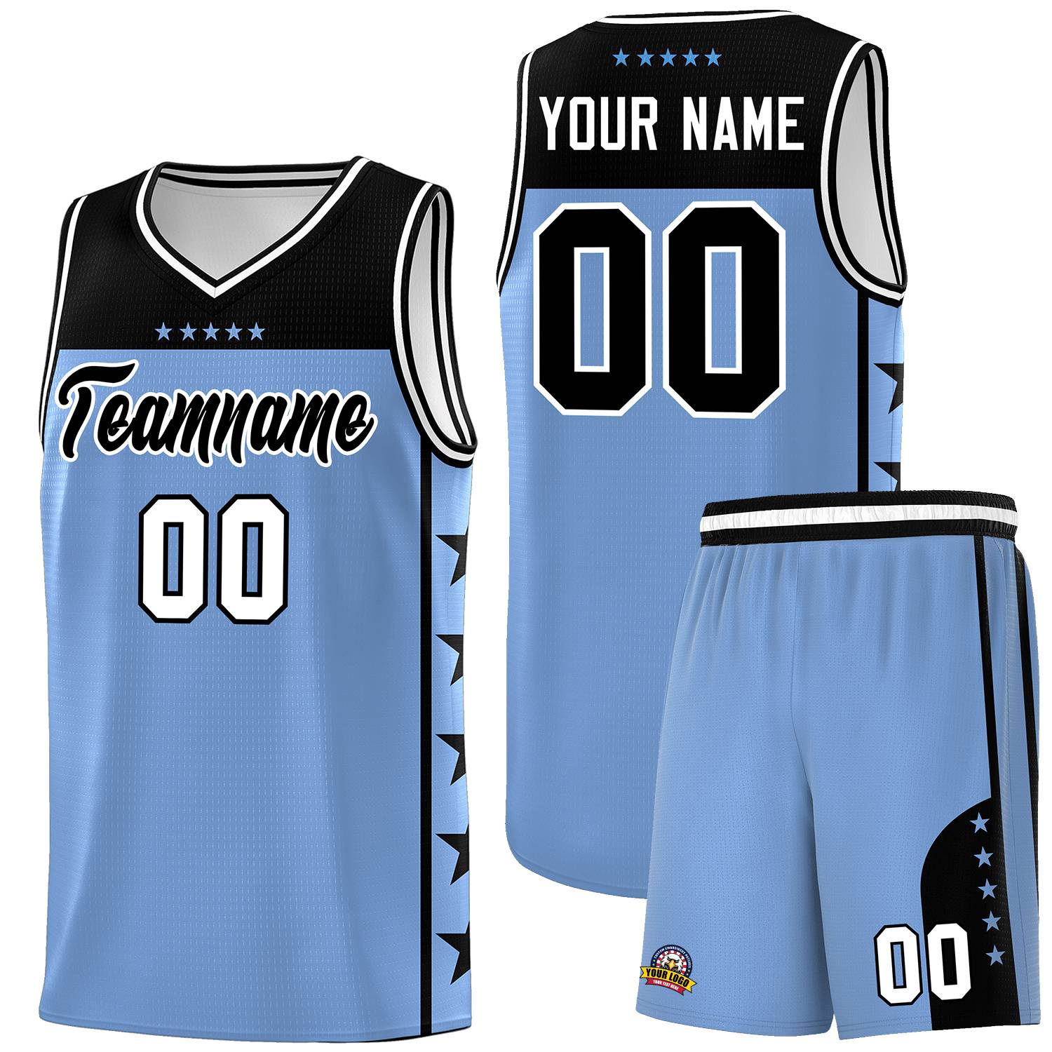 Custom Light Blue Black Color Block Sets Sports Uniform Basketball Jersey