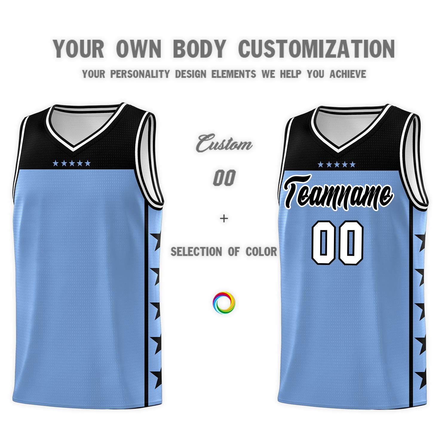 Custom Light Blue Black Color Block Sets Sports Uniform Basketball Jersey