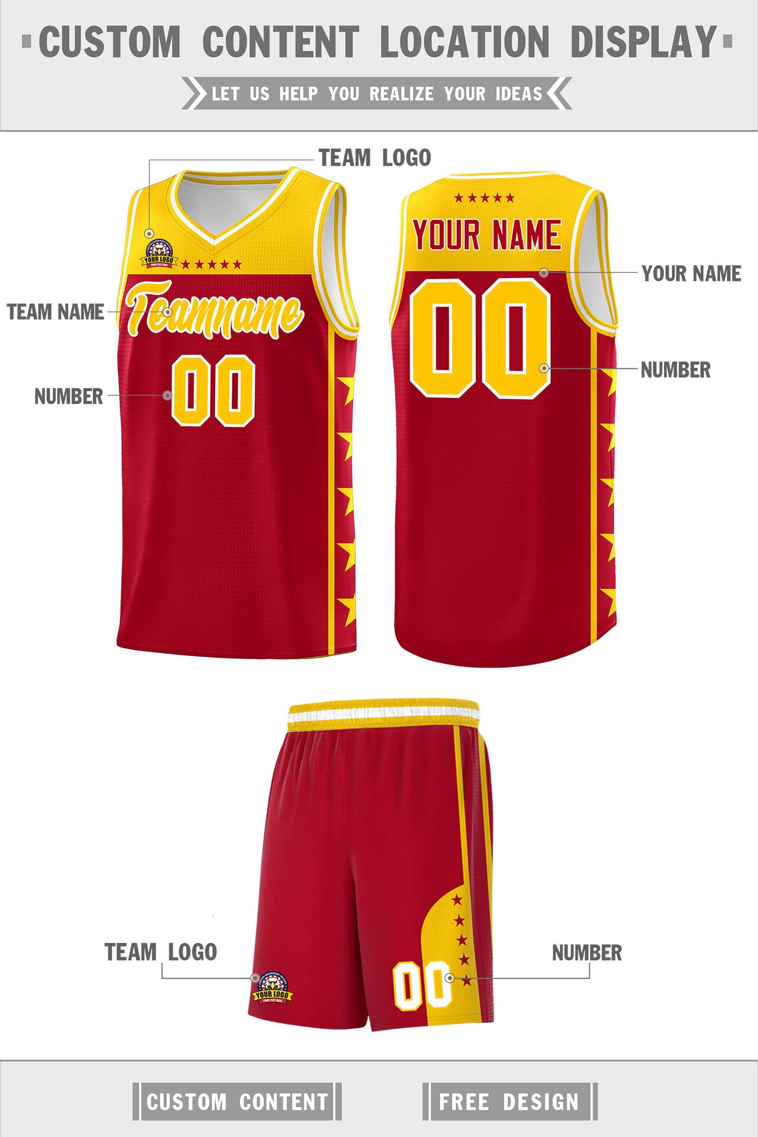 Custom Red Yellow Color Block Sets Sports Uniform Basketball Jersey