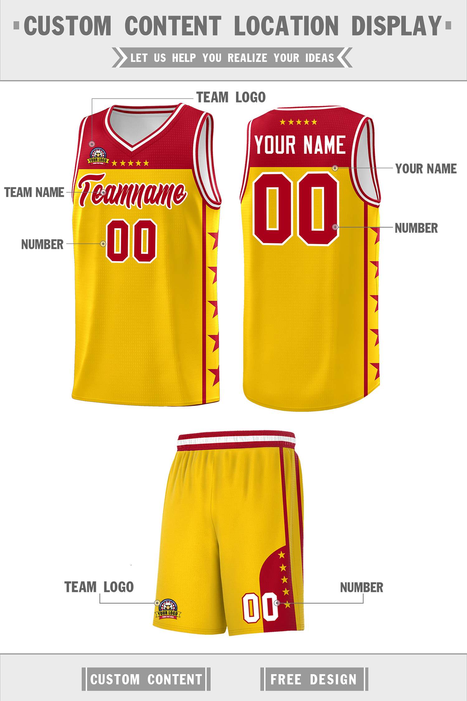 Custom Gold Red Color Block Sets Sports Uniform Basketball Jersey