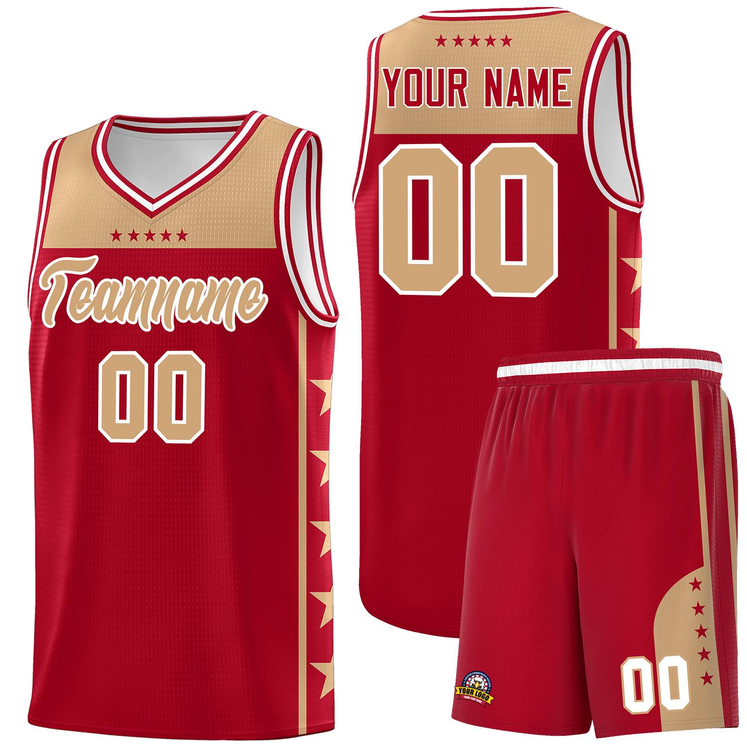 Custom Red Old Gold Color Block Sets Sports Uniform Basketball Jersey