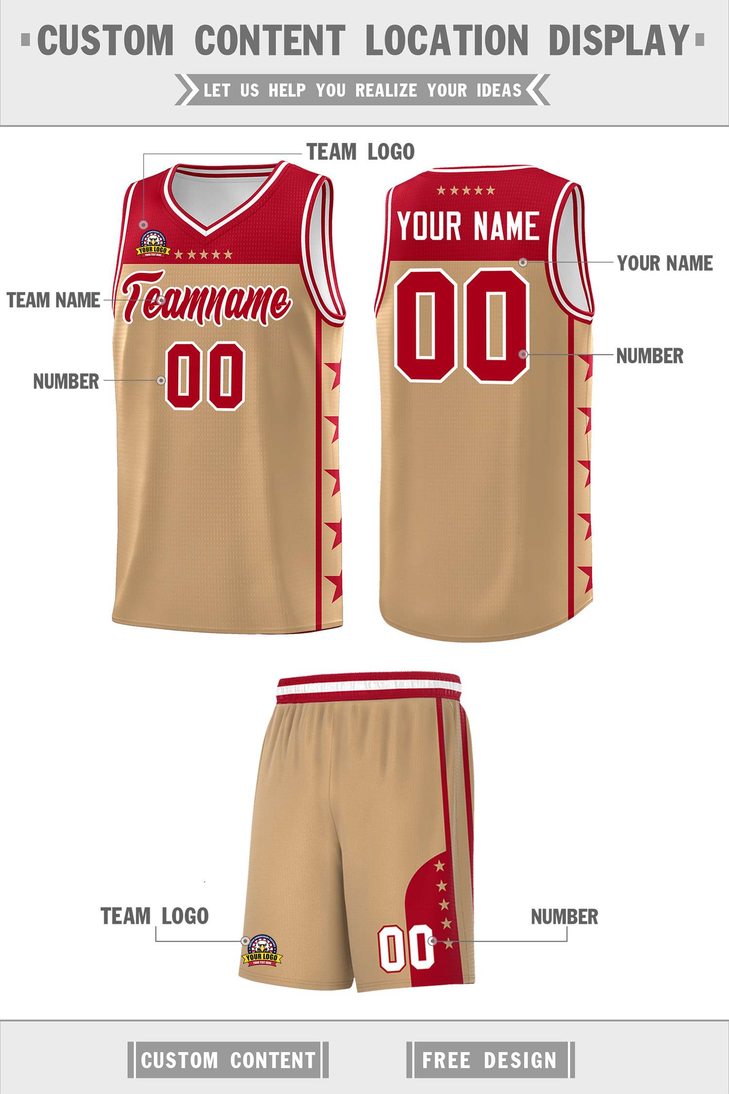 Custom Old Gold Red Color Block Sets Sports Uniform Basketball Jersey