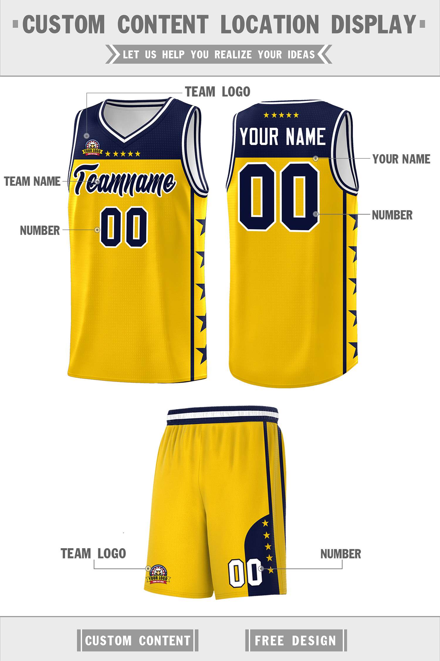 Custom Gold Navy Color Block Sets Sports Uniform Basketball Jersey