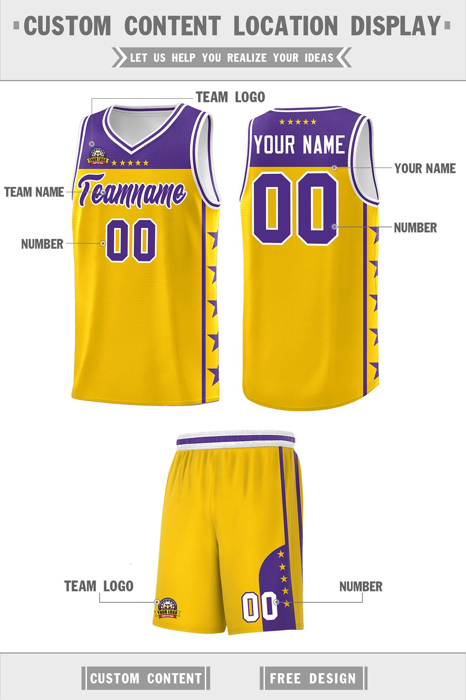 Custom Gold Purple Color Block Sets Sports Uniform Basketball Jersey