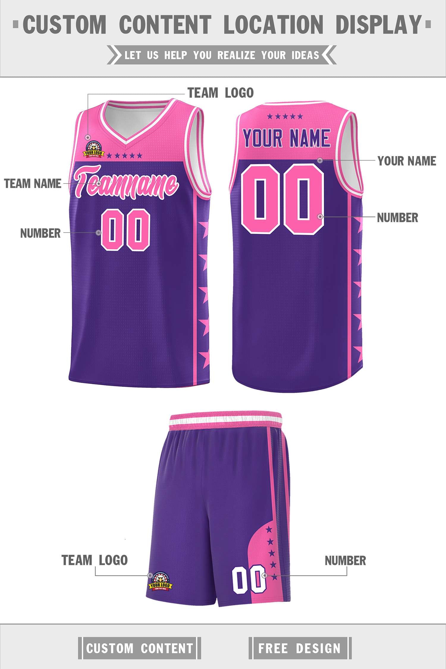 Custom Purple Pink Color Block Sets Sports Uniform Basketball Jersey