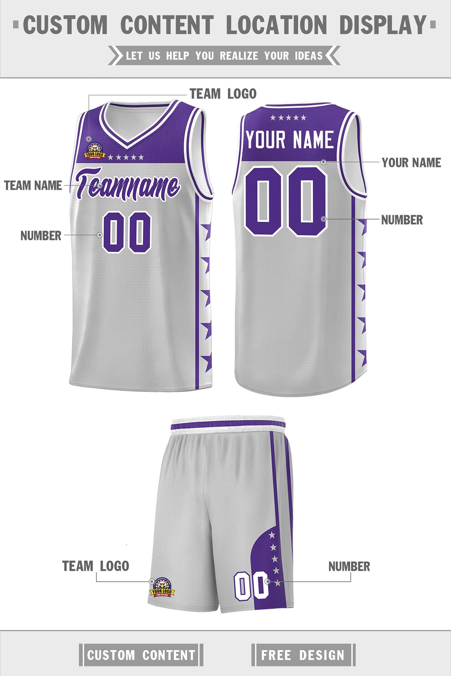 Custom Gray Purple Color Block Sets Sports Uniform Basketball Jersey