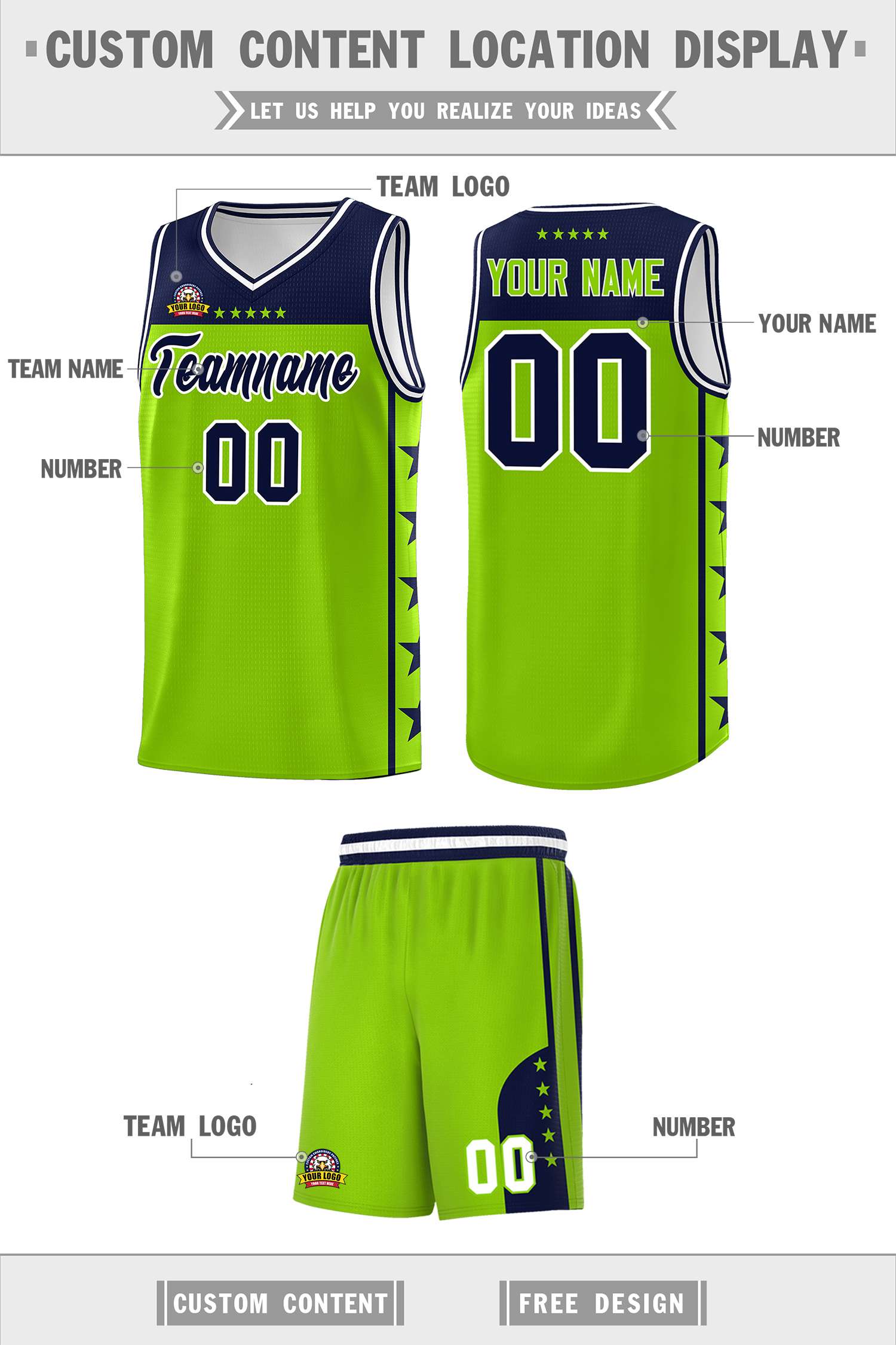 Custom Neon Green Navy Color Block Sets Sports Uniform Basketball Jersey