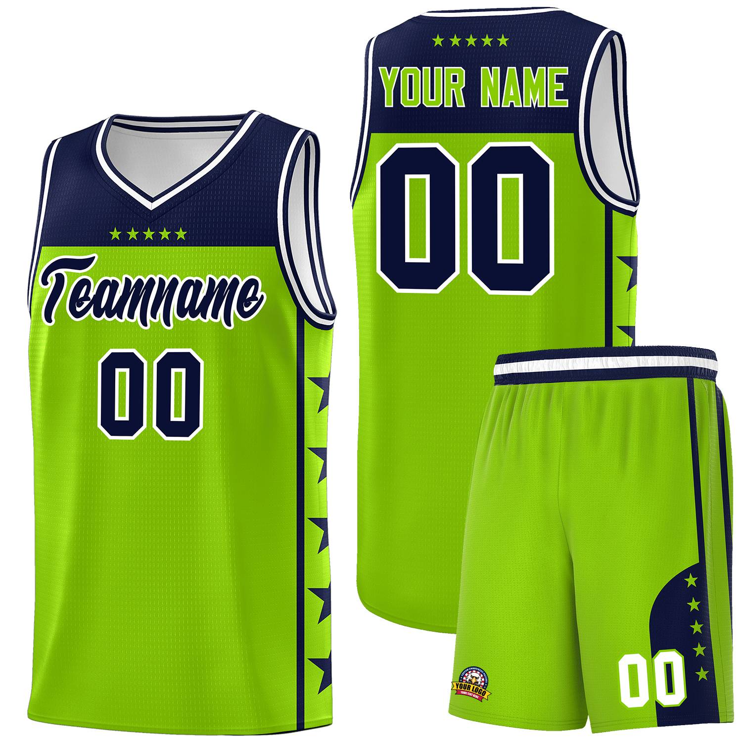 Custom Neon Green Navy Color Block Sets Sports Uniform Basketball Jersey