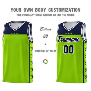 Custom Neon Green Navy Color Block Sets Sports Uniform Basketball Jersey