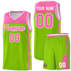 Custom Neon Green Pink Color Block Sets Sports Uniform Basketball Jersey