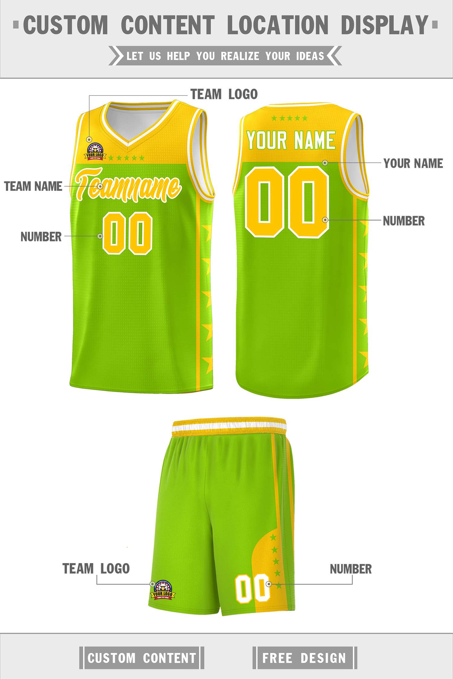 Custom Neon Green Yellow Color Block Sets Sports Uniform Basketball Jersey