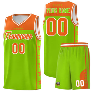 Custom Neon Green Orange Color Block Sets Sports Uniform Basketball Jersey